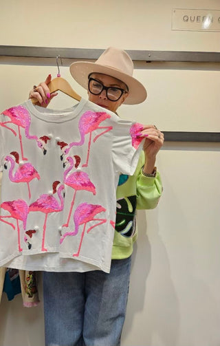 Queen of Sparkles - White Flamingos In Santa Hats - Oversized Tee - Boutique Bella Bella