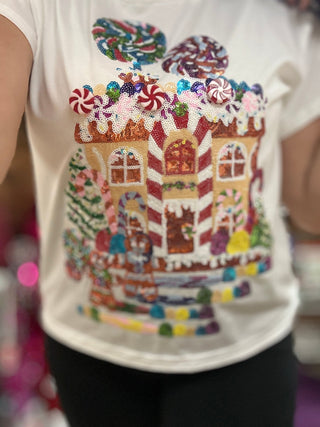 Queen of Sparkles - White Gingerbread House Scene Tee - Boutique Bella Bella