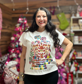 Queen of Sparkles - White Gingerbread House Scene Tee - Boutique Bella Bella