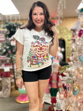 Queen of Sparkles - White Gingerbread House Scene Tee - Boutique Bella Bella