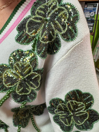 Queen of Sparkles - White, Green & Pink Stripe Beaded Shamrock Cardigan - Boutique Bella Bella