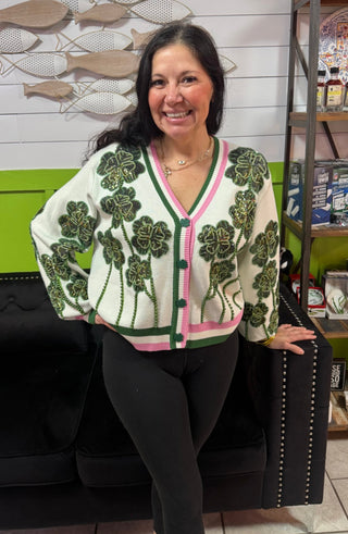 Queen of Sparkles - White, Green & Pink Stripe Beaded Shamrock Cardigan - Boutique Bella Bella