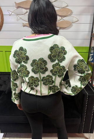 Queen of Sparkles - White, Green & Pink Stripe Beaded Shamrock Cardigan - Boutique Bella Bella