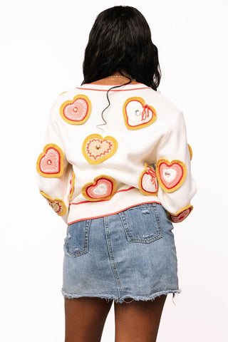 Queen of Sparkles White Knit Valentines Heart Cookies Button Up Cardigan - Boutique Bella BellaQueen of Sparkles