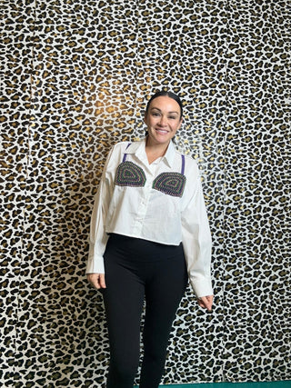 Queen of Sparkles White Mardi Gras Beaded Bikini Button Up Cotton Top - Boutique Bella BellaQuuen of Sparkles