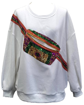 Queen of Sparkles - White Mardi Gras Functioning Zipper Shoulder Bag Sweatshirt - Boutique Bella Bella