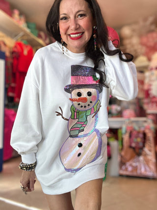 Queen of Sparkles - White Metallic Oversized Snowman Sweatshirt Dress - Boutique Bella Bella