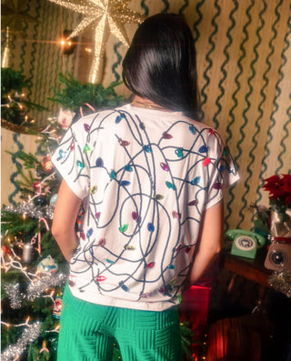 Queen of Sparkles - White Multi Jeweled Christmas Light Tee - Boutique Bella Bella