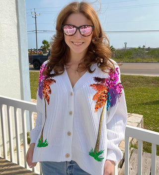 Queen of Sparkles-White Multi Palm Tree Cardigan - Boutique Bella BellaQueen of Sparkles