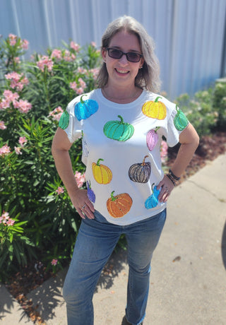 Queen of Sparkles - White Multi Pumpkin Tee - Boutique Bella BellaQueen of Sparkles