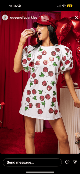 Queen of Sparkles - White Poof Sleeve Cherry Dress - Boutique Bella Bella