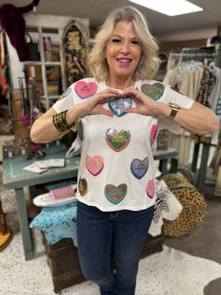 Queen of Sparkles - White Positive Candy Hearts Tee - Boutique Bella BellaQueen of Sparkles