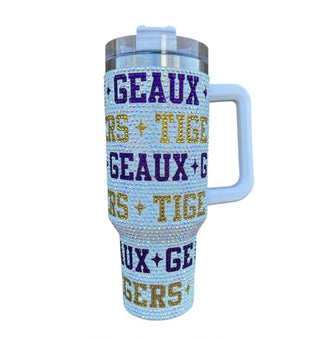 Queen of Sparkles - White, Purple & Gold 'Geaux Tigers' Rhinestone Tumbler LSU - Boutique Bella Bella