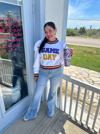 Queen of Sparkles - White, Purple & Gold Jeweled 'Game Day' Poof Sleeve Sweatshirt - Boutique Bella BellaQueen of Sparkles