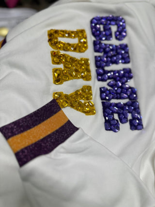 Queen of Sparkles - White, Purple & Gold Jeweled 'Game Day' Poof Sleeve Sweatshirt - Boutique Bella BellaQueen of Sparkles