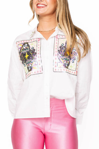 Queen of Sparkles White Queen Card & Sparkle Collar Button Up Cotton Top - Boutique Bella BellaTops