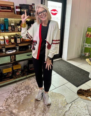 Queen of Sparkles - White, Red & Black 'Texas Tech' Varsity Cardigan - Boutique Bella BellaQueen of Sparkles