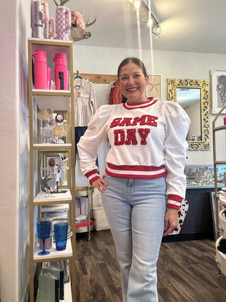 Queen of Sparkles - White & Red Jeweled 'Game Day' Poof Sleeve Sweatshirt - Boutique Bella BellaQueen of Sparkles