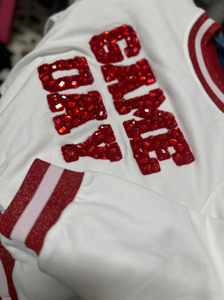 Queen of Sparkles - White & Red Jeweled 'Game Day' Poof Sleeve Sweatshirt - Boutique Bella BellaQueen of Sparkles