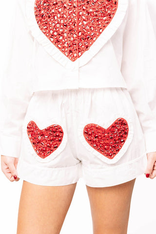 Queen of Sparkles White & Red Jeweled Ruffle Heart Cotton Short - Boutique Bella BellaQueen of Sparkles