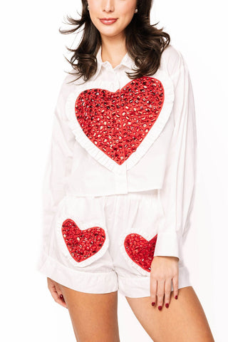 Queen of Sparkles White & Red Oversized Jeweled Ruffle Heart Cotton Button Up Top - Boutique Bella BellaQueen of Sparkles