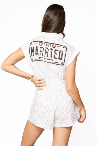 Queen of Sparkles White Rhinestone 'Just Married' Romper - Boutique Bella BellaRomper