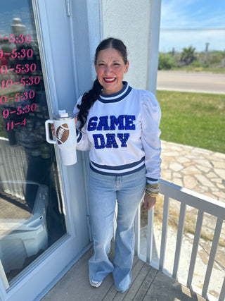 Queen of Sparkles - White & Royal Jeweled 'Game Day' Poof Sleeve Sweatshirt - Boutique Bella BellaQueen of Sparkles