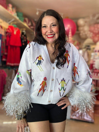 Queen of Sparkles - White Skiers & Snowflakes Feather Sleeve Cardigan - Boutique Bella BellaCardigan