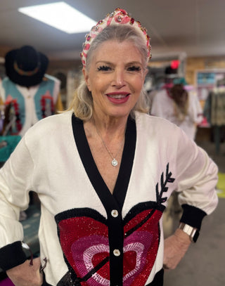 Queen of Sparkles - White With Black Trim Heart With Arrow Cardigan - Boutique Bella Bella