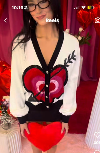 Queen of Sparkles - White With Black Trim Heart With Arrow Cardigan - Boutique Bella Bella