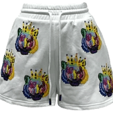 Queen of Sparkles - White with Rainbow Crowned Tigers Shorts - Boutique Bella Bella