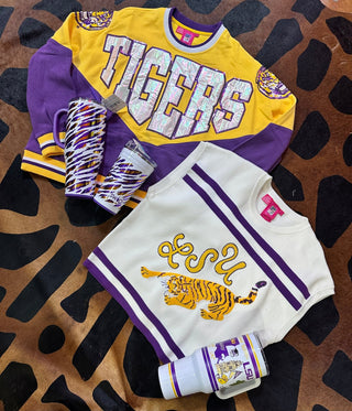 Queen of Sparkles - Yellow & Purple Two Tone Holographic LSU Tigers Sweatshirt - Boutique Bella BellaQueen of Sparkles