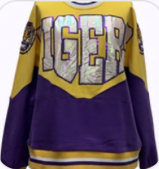 Queen of Sparkles - Yellow & Purple Two Tone Holographic LSU Tigers Sweatshirt - Boutique Bella BellaQueen of Sparkles