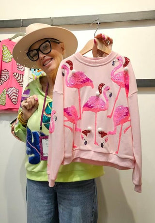 Queen of Sparkles - YOUTH Light Pink Flamingo In Santa Hats Sweatshirt - Boutique Bella Bella