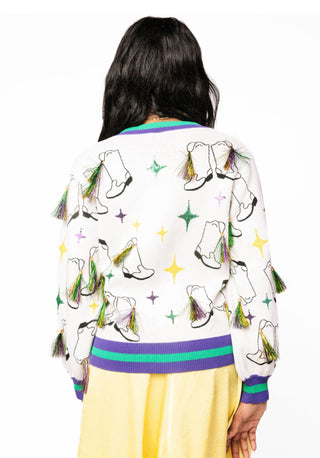 Queens of Sparkles Button Up Green & Purple Trim Mardi Gras Boots with Tinsel Cardigan - Boutique Bella BellaQueen of Sparkles