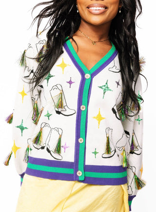 Queens of Sparkles Button Up Green & Purple Trim Mardi Gras Boots with Tinsel Cardigan - Boutique Bella BellaQueen of Sparkles