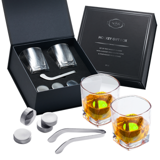 Hockey Whiskey Stones Set 7pcs 4 Hockey Puck Chill Stones With Cooling Gel Hockey Stick Tongs 2 Clas