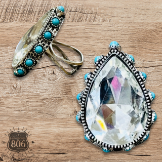 Rhinestone, bead studded teardrop ring - LC