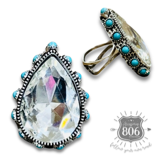 Rhinestone, bead studded teardrop ring - LC