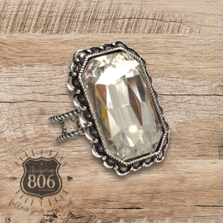 Hexagon silver and rhinestone ring