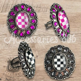 Western oval rhinestone ring with checkerboard inlay