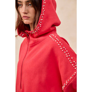 RED BRUSHED TERRY HALF ZIP UP HOODIE TOP WITH JEWELED - Boutique Bella BellaTops