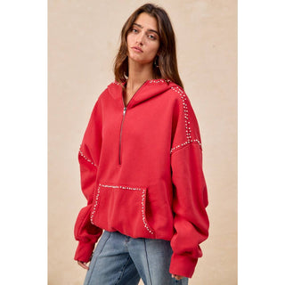 RED BRUSHED TERRY HALF ZIP UP HOODIE TOP WITH JEWELED - Boutique Bella BellaTops