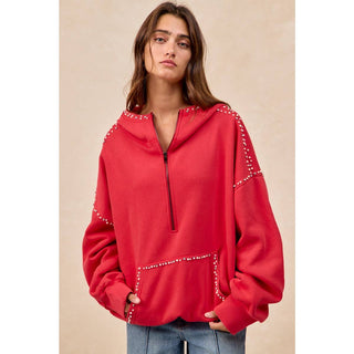 RED BRUSHED TERRY HALF ZIP UP HOODIE TOP WITH JEWELED - Boutique Bella BellaTops
