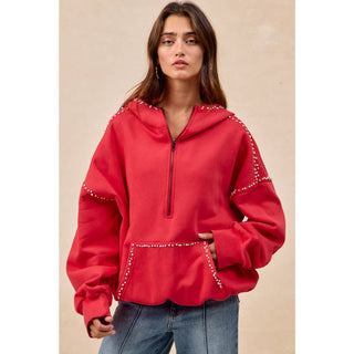 RED BRUSHED TERRY HALF ZIP UP HOODIE TOP WITH JEWELED - Boutique Bella BellaTops
