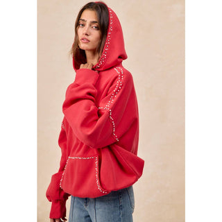 RED BRUSHED TERRY HALF ZIP UP HOODIE TOP WITH JEWELED - Boutique Bella BellaTops