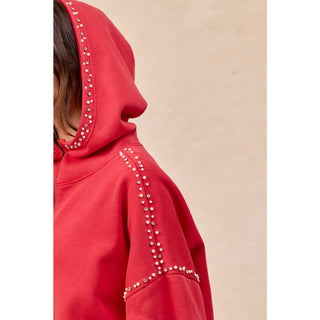 RED BRUSHED TERRY HALF ZIP UP HOODIE TOP WITH JEWELED - Boutique Bella BellaTops