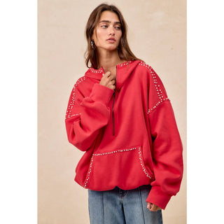 RED BRUSHED TERRY HALF ZIP UP HOODIE TOP WITH JEWELED - Boutique Bella BellaTops