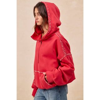 RED BRUSHED TERRY HALF ZIP UP HOODIE TOP WITH JEWELED - Boutique Bella BellaTops