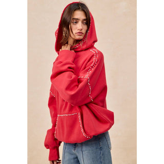 RED BRUSHED TERRY HALF ZIP UP HOODIE TOP WITH JEWELED - Boutique Bella BellaTops